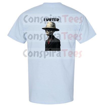 I VOTED, Alien tee shirt. Original big & bold design. Funny tin foil hat wearing alien.