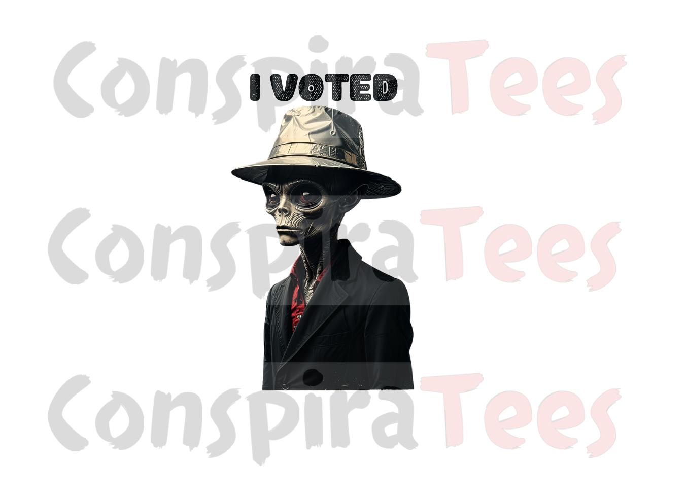 I VOTED, Alien tee shirt. Original big & bold design. Funny tin foil hat wearing alien.